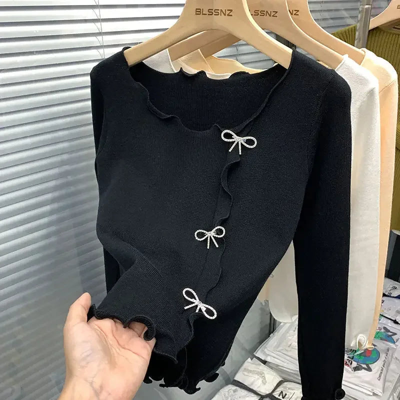 2024 New Autumn Winter Korean Sweet Long Sleeve Sweaters Top Ruffles Design Bows Decoration Women Clothing Pullovers