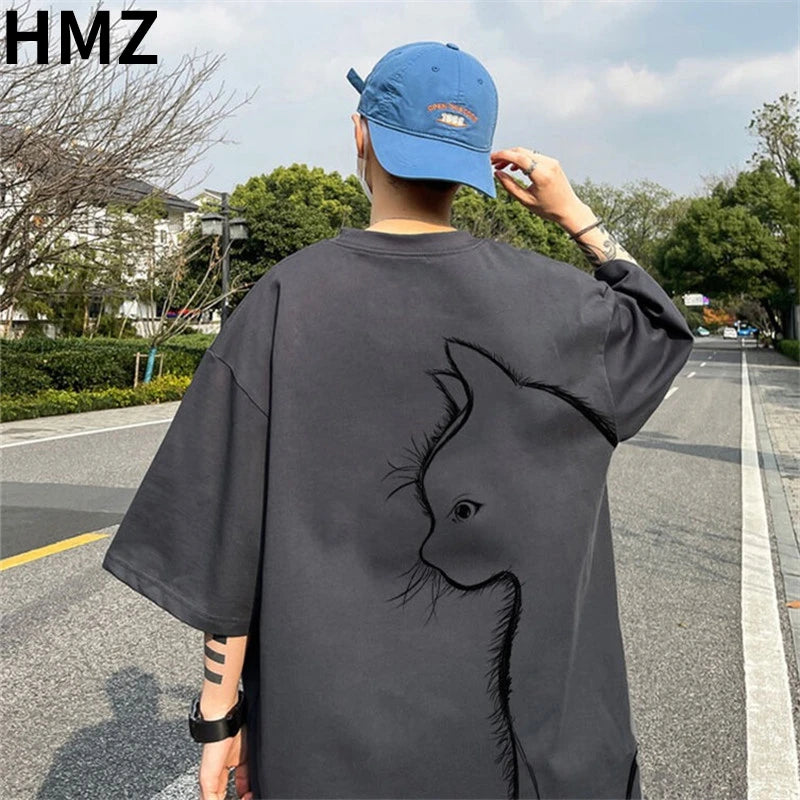 HMZ Summer T-shirt Men Oversized Cartoon Cat Print Tees High Street Unisex Top T shirts Loose Cotton T-shirt Men Daily Clothing