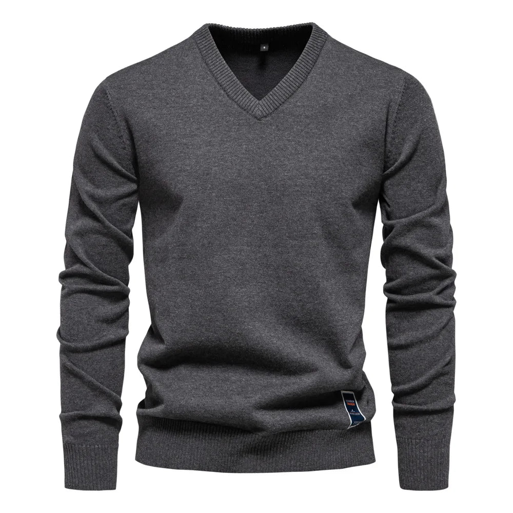 2025 Cotton Sweater Pullover Men's V-neck Solid Color Long Sleeve Men Knitting Clothing Warm Sweaters Men Casual Fashion Tops