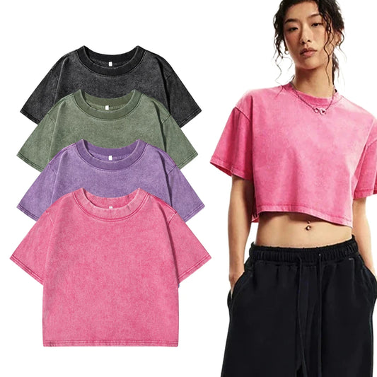 Solid Color Women Wash Short T Shirt Summer Breathable Tshirt Street Fashion Midriff-Baring Tees Cool Vintage Distress Clothes