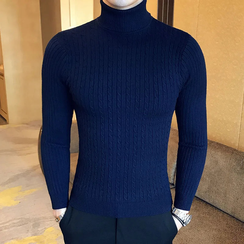 Mens Turtleneck Sweaters Winter Warm Knit Pullover Korean Cotton Solid Color Casual Slim Sweater Male Clothing Bottoming Shirt