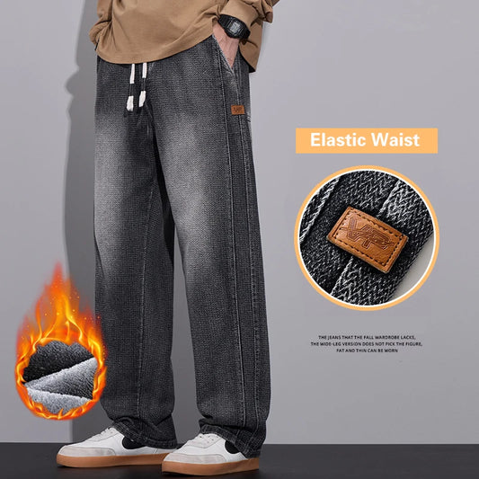 Fleece Thickened Warm Men's Baggy Straight Jeans Fashion Streetwear Wide Leg Denim Pants Vintage Classic Thermal Trousers Male