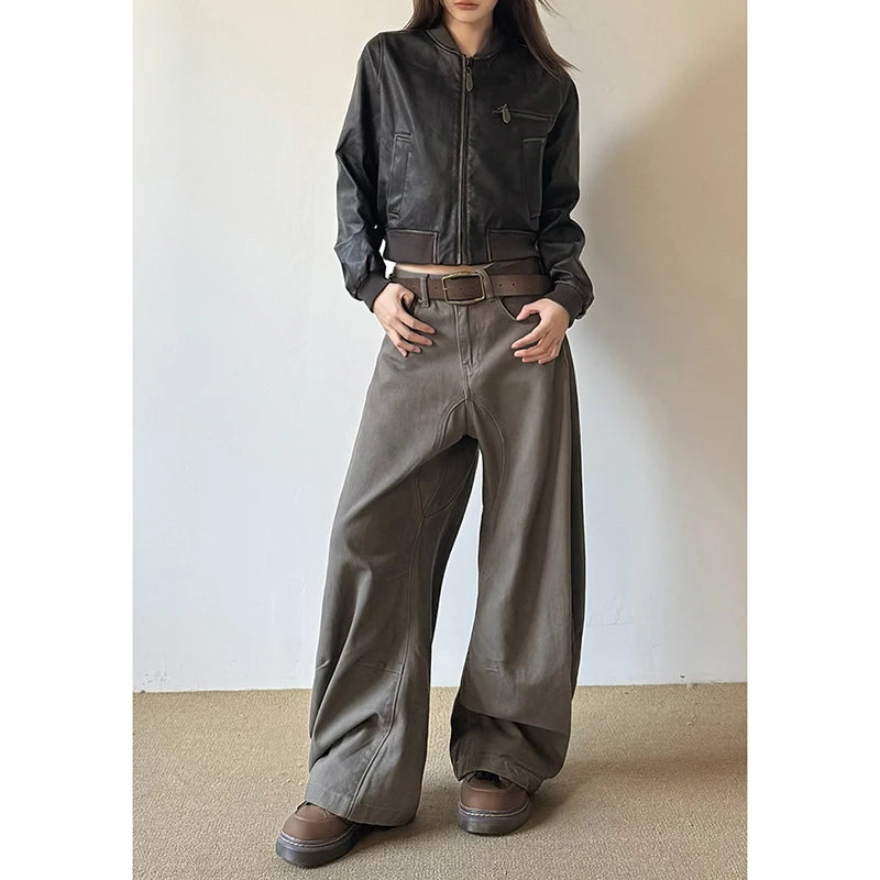 American Vintage 2000s Style High Waist Camel Jeans Pants Spring Fashion Women's Baggy Y2K Wide Leg Denim Trouser Female Clothes