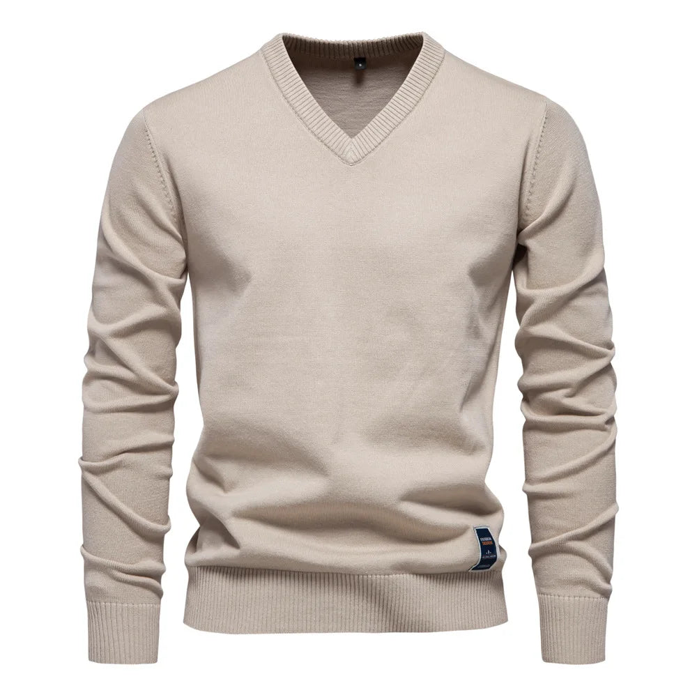 2025 Cotton Sweater Pullover Men's V-neck Solid Color Long Sleeve Men Knitting Clothing Warm Sweaters Men Casual Fashion Tops