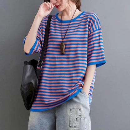 Cotton Stripe T-shirts Women Casual Loose Short Sleeve Slim Tops Summer Trend Thin Oversized T Shirt Korean Style Tshirt Y2k Top