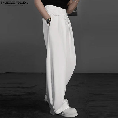 INCERUN Men Pants Solid Color Loose Joggers Casual Straight Trousers Men Streetwear 2024 Pleated Korean Style Fashion Long Pants