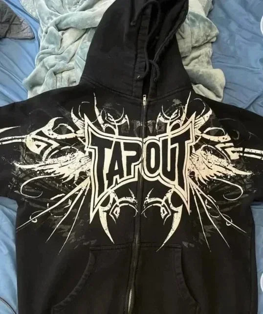 Hip Hop Tapout Skull Pattern Zipper Hoodie Streetwear Men Women Clothes Y2K Sweatshirt Letter Jacket Retro Oversized Hoodie