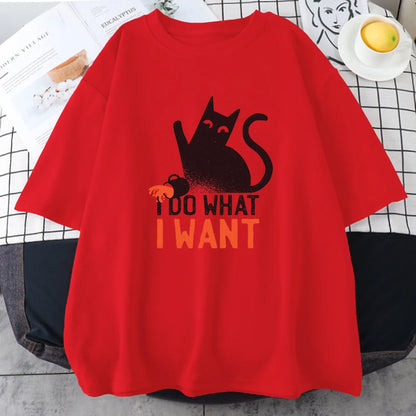 Funny Black Cat Anime I Do What I Want Mans Tops Oversize Trend Tee Clothing Creativity Casual Cotton T-Shirts Men Short Sleeve