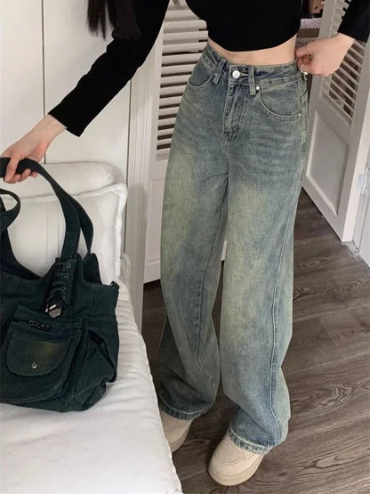 Deeptown Y2k Baggy Wide Leg Jeans Women Vintage Streetwear Washed Denim Pants Grunge Basic Slouchy Blue Trousers Femme Autumn