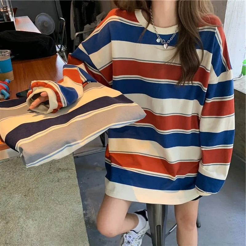 Women's Casual Long Sleeve T-shirt Fashion Stripe Printing Round Neck Loose Pullover Tops