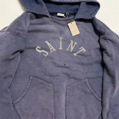 24ss Washed Purple M13 SAINT MICHAEL Hoodies Men Women 1:1 Top Quality Damaged Oversized Sweatshirt