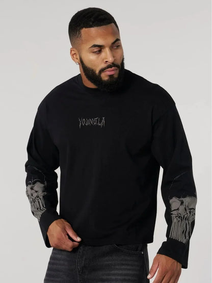 YOUNGLA new men's fashion long sleeve T-shirt cotton round neck gym sports fitness training base shirt