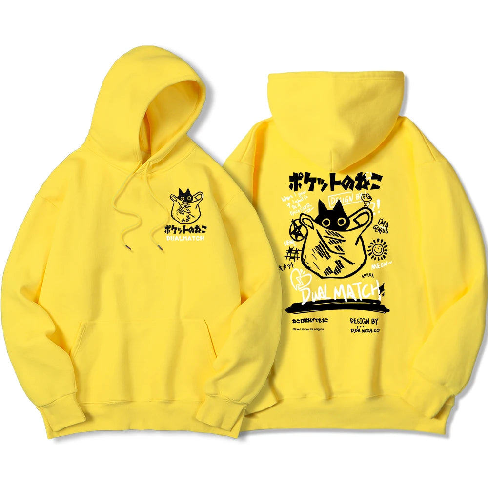 Harajuku Kawaii Cat Couple Y2K Prints Hoodies Men'S Warm Fleece Hoodie Hip Hop Crewneck Hoody Autumn Simple Oversize Top Female