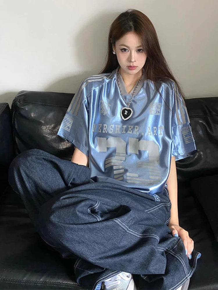 2024 New American Vintage Loose Couple Jersey Women Streetwear Y2K Hip Hop V-Neck T-Shirts Summer Blue Oversized Ice Hockey Tops