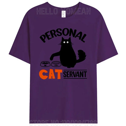 Black Cat Personal Cat Servant Funny Cat Meme Women Men's T-Shirt Clothing Short Sleeve Cotton Round Neck Tees Shirts Tops