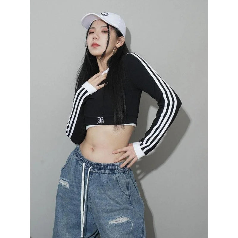 Hikigawa Chic Fashion Women Y2k Long Sleeve T-Shirt Jazz Sports Cropped Striped Contrast Color Slim Streetwear Casual Top Mujer