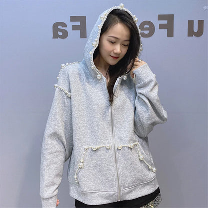 This year's popular super good-looking gray pearl hoodie coat female 2024 autumn new loose casual cardigan top