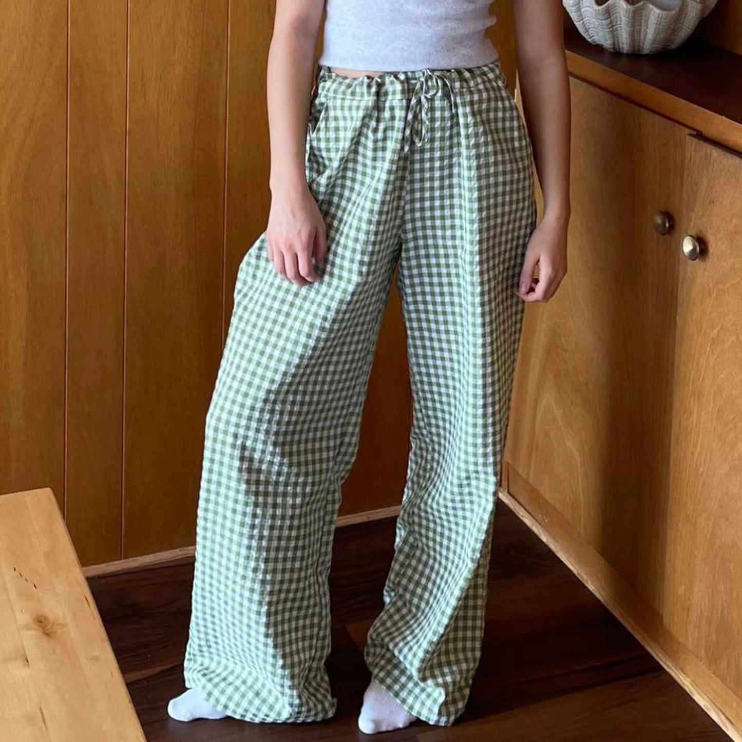 Gaono Comfy Wide Leg Pants Vintage Elastic Waist Plaid Striped Print Pants Women Lounge Trousers Pockets 00s Retro Pajams Bottom