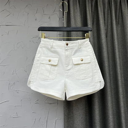 Rose Red High Waist denim Shorts 2023 Summer Fashion Split Thin Button All-Match A-line Wide-Leg Cargo Pants Femal Solid Jeans