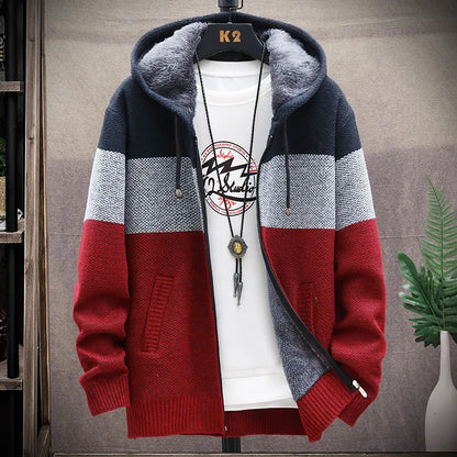 2025 Winter Men Sweater Add Velvet Cardigan Patchwork Color Stand Collar Male Casual Zipper Knitted Thick Warm Sweatercoat