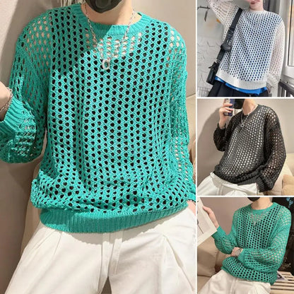 Mesh Fishnet Men Hollow Top Solid Color Round Neck Loose Long Sleeve Men T-shirt Hip Hop See-through Elastic Pullover Party Top