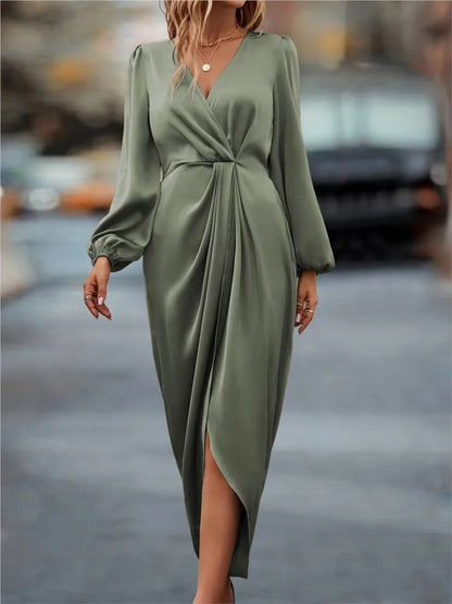 2025 Spring Dress New European And American Fashion Solid Color Waist Slit V-Neck Long Sleeve Dress For Women Long Dresses