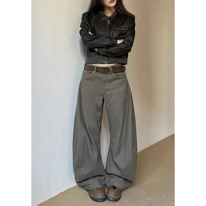 American Vintage 2000s Style High Waist Camel Jeans Pants Spring Fashion Women's Baggy Y2K Wide Leg Denim Trouser Female Clothes