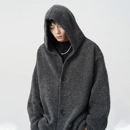 Winter Gray Woollen Knitted Cardigan Hooded Sweater Men's Pockets College Fashion Knitwear Jacket Y2K Vintage Jumpers Hombre