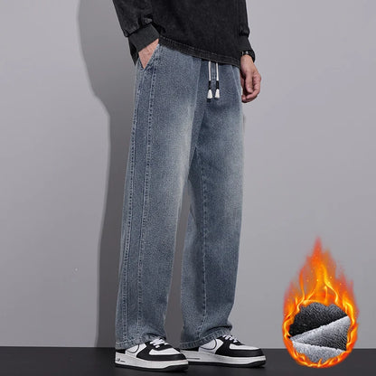 Fleece Thickened Warm Men's Baggy Straight Jeans Fashion Streetwear Wide Leg Denim Pants Vintage Classic Thermal Trousers Male