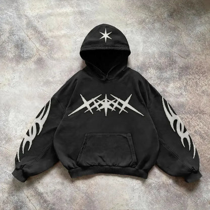 Gothic Black Star Patchwork Hoodie Men Clothing Oversized Loose Fashion Embroidered Hooded Pullover Y2K Harajuku Sweatshirt Tops