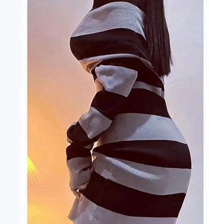 Women Striped Mini Bodycon Dress Stripe Boat-Neck Off Shoulder Long Sleeve Short Dress Spring Autumn Wrapped Hip Party Dress