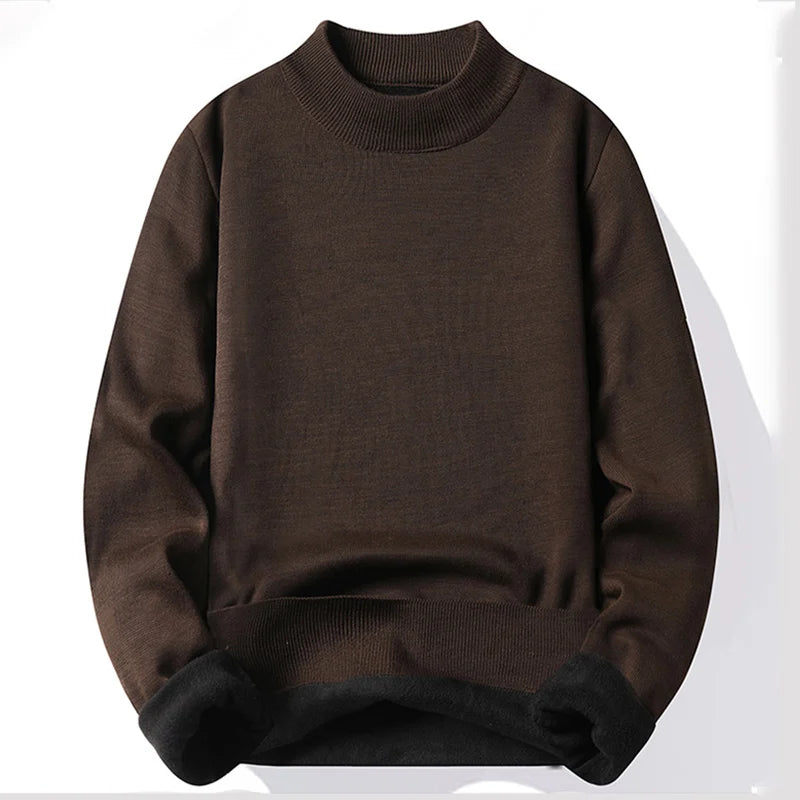 Winter New Men's Knitted Sweater with A Half High Collar Solid Color Plush and Warm Knitted Lining Top  Casual and Versatile Top