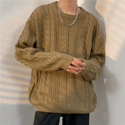 New Men's Sweater Loose-Fit Round Neck Casual Knitted Top Trendy Brand Autumn Winter Vintage Hong Kong Style Cozy Pullover