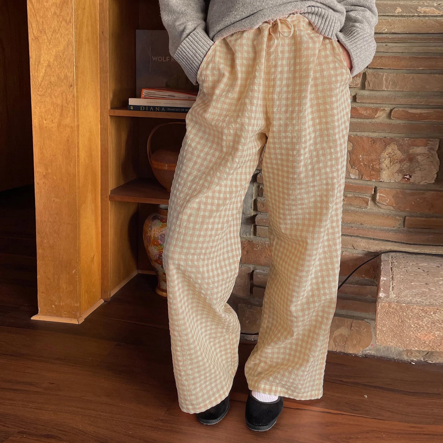 Gaono Comfy Wide Leg Pants Vintage Elastic Waist Plaid Striped Print Pants Women Lounge Trousers Pockets 00s Retro Pajams Bottom