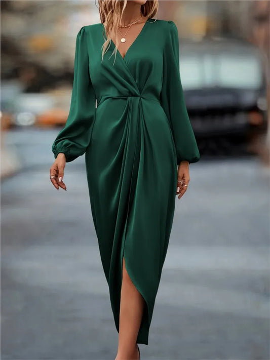 2025 Spring Dress New European And American Fashion Solid Color Waist Slit V-Neck Long Sleeve Dress For Women Long Dresses