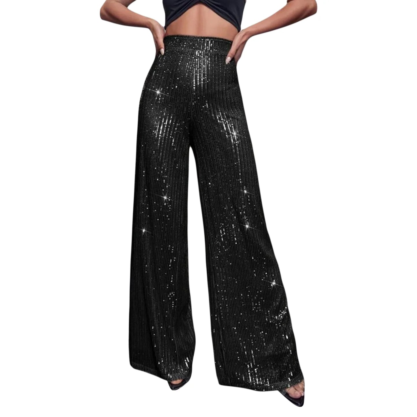 Women Sequin Flare Pants Sparkly High Waist Wide Leg Bell-bottom Trousers Slim Party Club Shiny Pants Clubwear