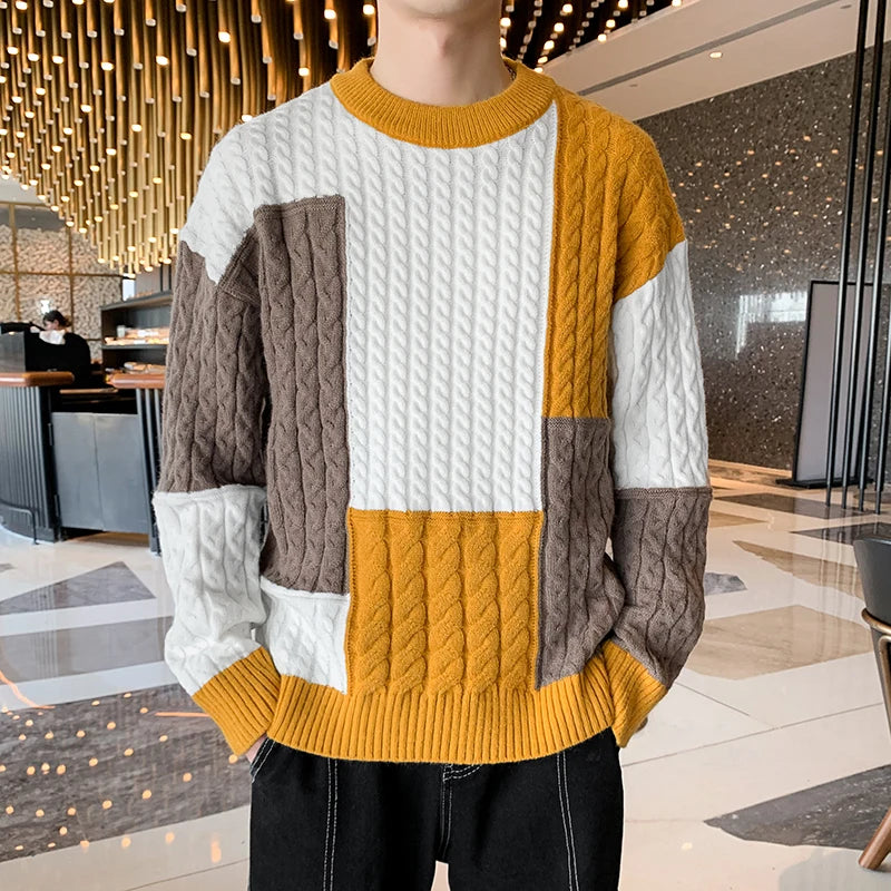 New Spring Winter Fashion Patchwork Loose Sweater Men Streetwear High Quality Mens Casual Sweaters Warm Knitting Pullovers Men