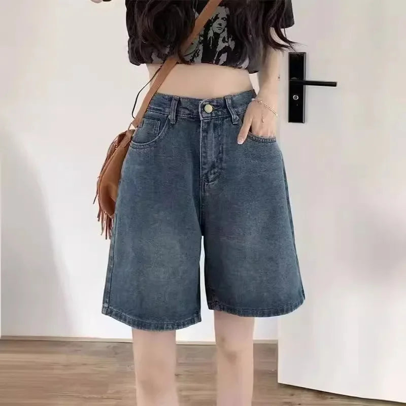 Korean Style Simplewashingdenim Women's High-Waisted Slimming Straight-Leg Wide-Leg Mid-Length Trendy Shorts Summer