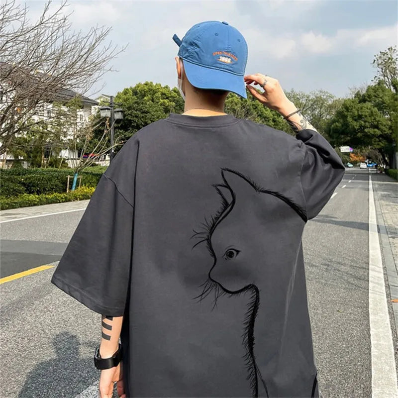 HMZ Summer T-shirt Men Oversized Cartoon Cat Print Tees High Street Unisex Top T shirts Loose Cotton T-shirt Men Daily Clothing