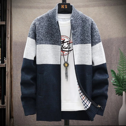 2025 Winter Men Sweater Add Velvet Cardigan Patchwork Color Stand Collar Male Casual Zipper Knitted Thick Warm Sweatercoat