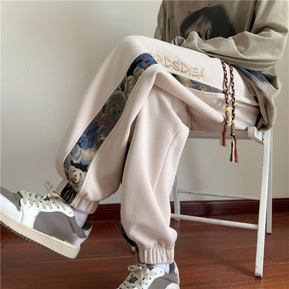 Autumn Bear Embroidery Drawstring Pants Trend Design Sense Niche Sweat Pants Fashion Loose Casual Women Men Sweatpants