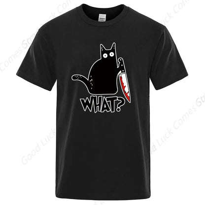 WHAT? Knife Cat Print Men's Women T-Shirt anime graphics Oversized TShirts Casual Loose Casual Male Tees Tops Clothing