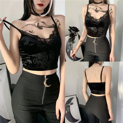 Vintage Gothic Crop Top for Women Grunge Dark Aesthetic Harajuku Tank Tops Mall Goth Camisole Summer Slim Vest Tops Harajuku 90s