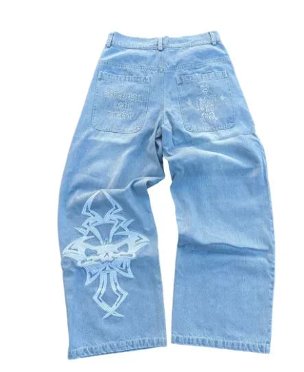 Jeans Y2k Retro Skull Embroidery Pattern Men Women Loose Jeans New Harajuku Hip Hop Straight Casual Loose  Pants for Streetwear