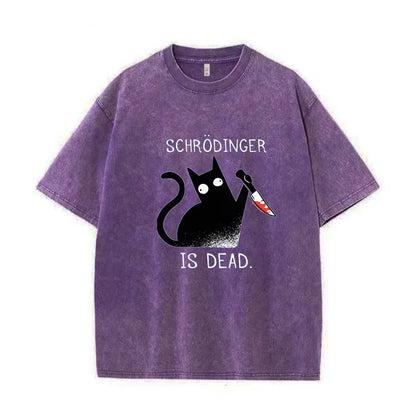 Schrodinger is dead Black Cat Fashion Wash Cotton T shirt Men's High Quality T-shirt Oversized T-shirt Short Sleeve Street Top