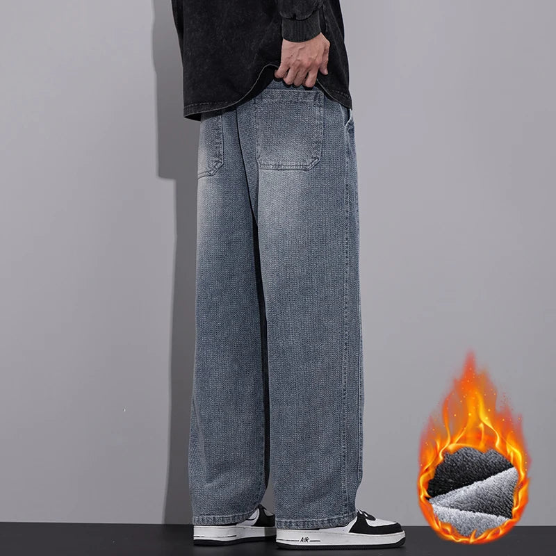 Fleece Thickened Warm Men's Baggy Straight Jeans Fashion Streetwear Wide Leg Denim Pants Vintage Classic Thermal Trousers Male