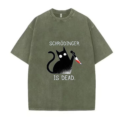 Schrodinger is dead Black Cat Fashion Wash Cotton T shirt Men's High Quality T-shirt Oversized T-shirt Short Sleeve Street Top