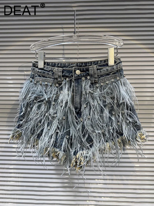 DEAT Streetwear Fashion Diamond Beads Feather Tassels Denim Shorts For Women High Waist Short Pants 2024 Female Autumn 11XX5620