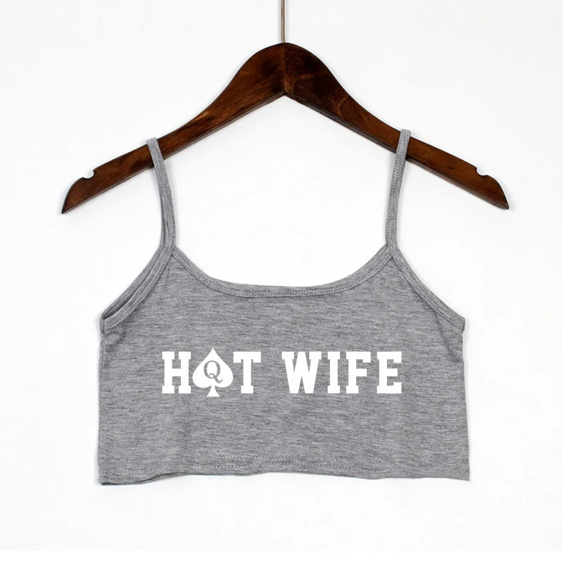 New Fashion Sexy Crop Top HOT WIFE Letters Print Summer Women's Sexy Elastic Cotton Camis Sleeveless Short Tank Top Bar Women