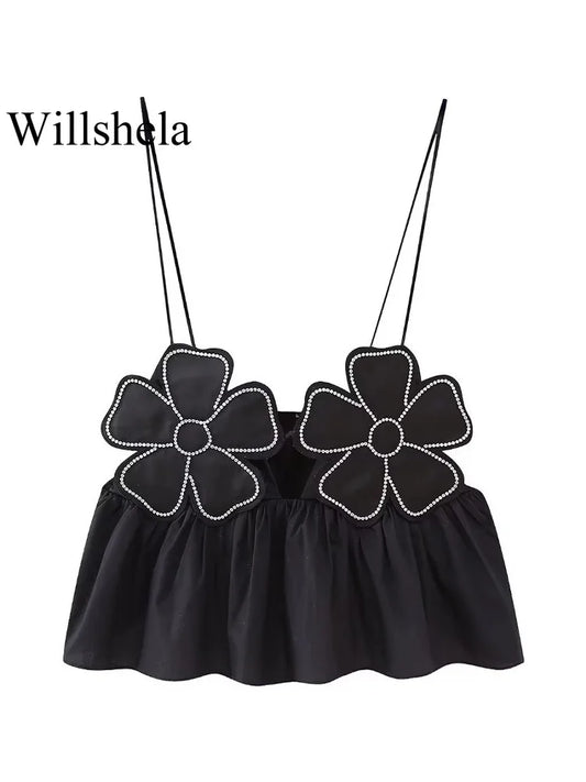 Willshela Women Fashion Floral Black Backless Lace Up Cropped Tops Vintage Thin Straps Pleated Female Chic Lady Crop Top